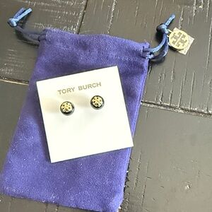 Tory Burch Black and Gold Logo Stud Earrings